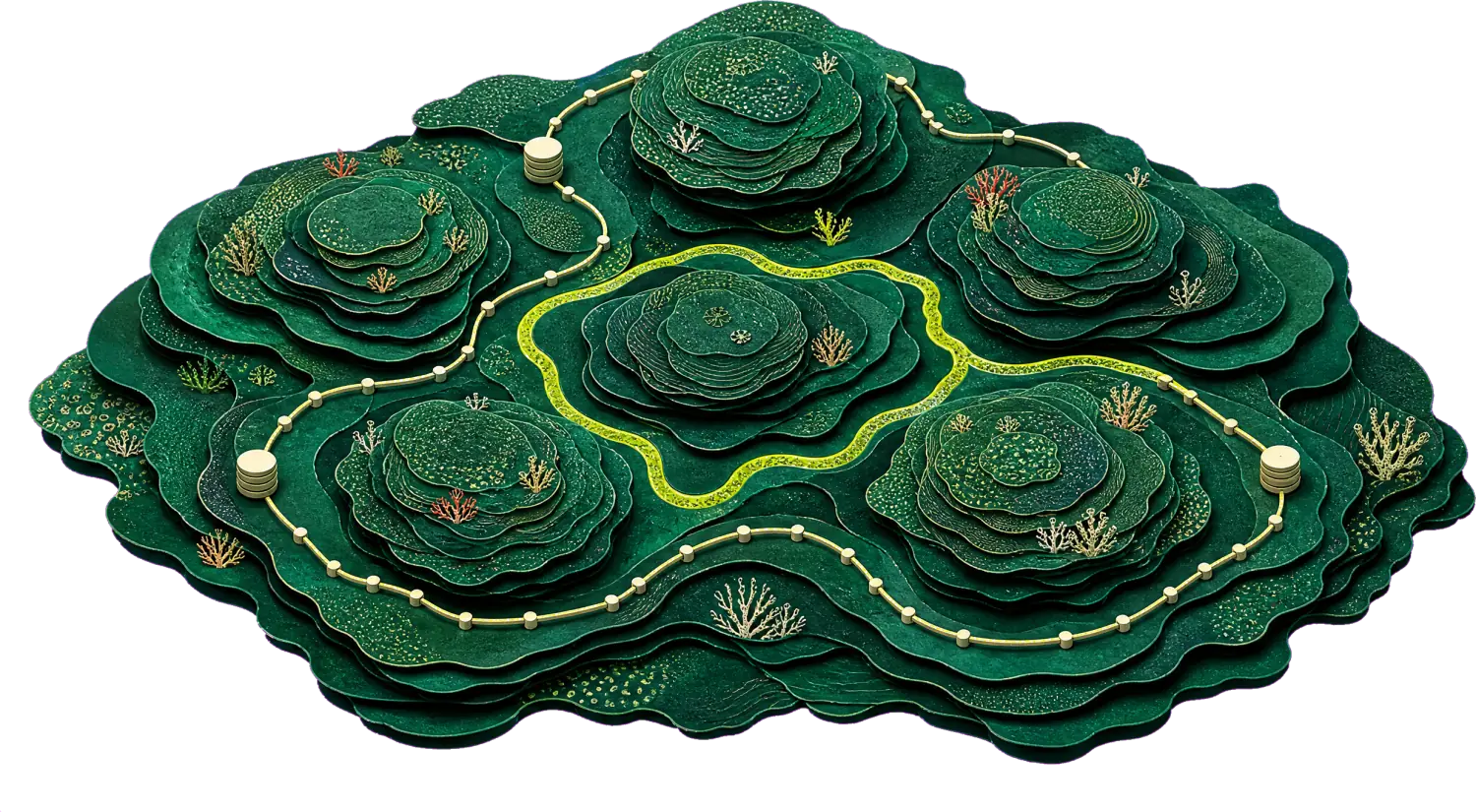 A route looping through a terraced reef garden, each marker still in place
