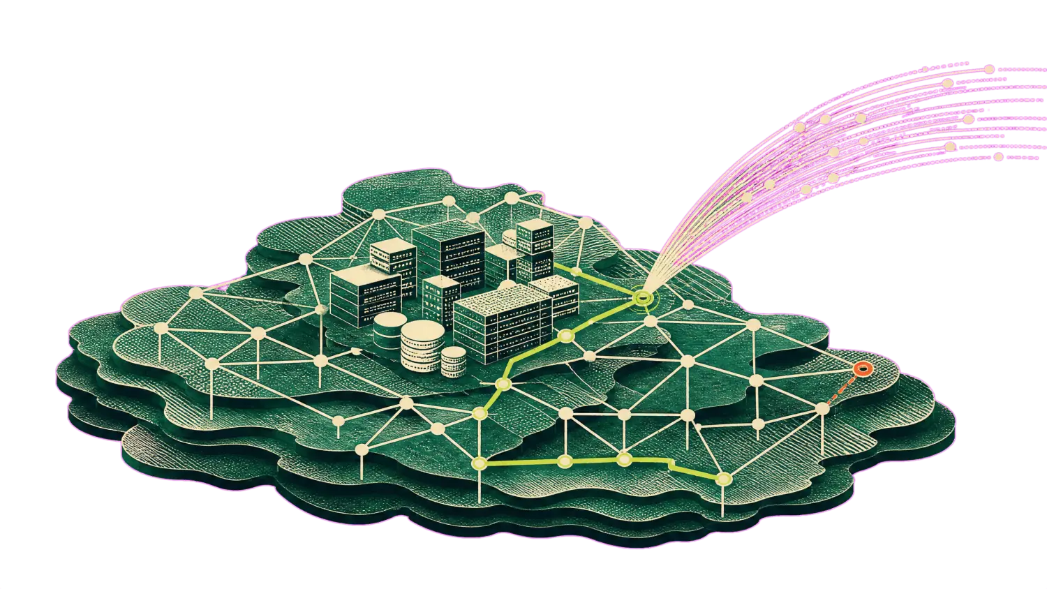 An evidence lattice over a reef shelf, every node joined to the next