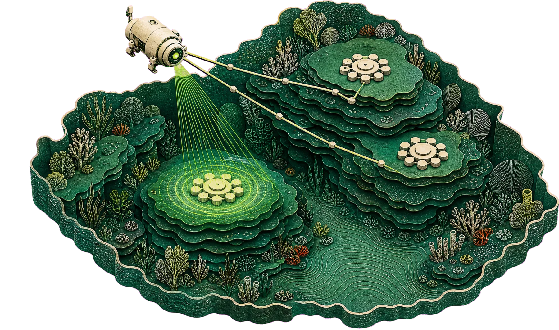 The context bay in the descent: the reef read from every side before anything is touched.
