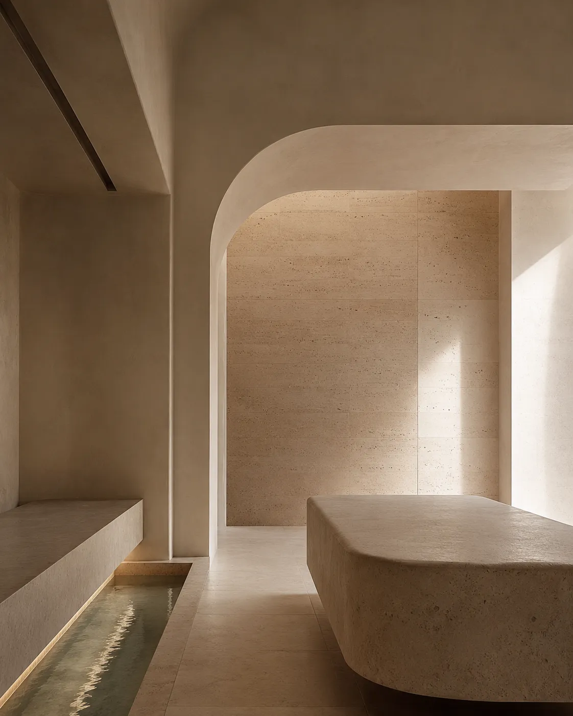 Varen concept spa interior with an arched travertine wall and a reflecting pool, lit by soft natural light.
