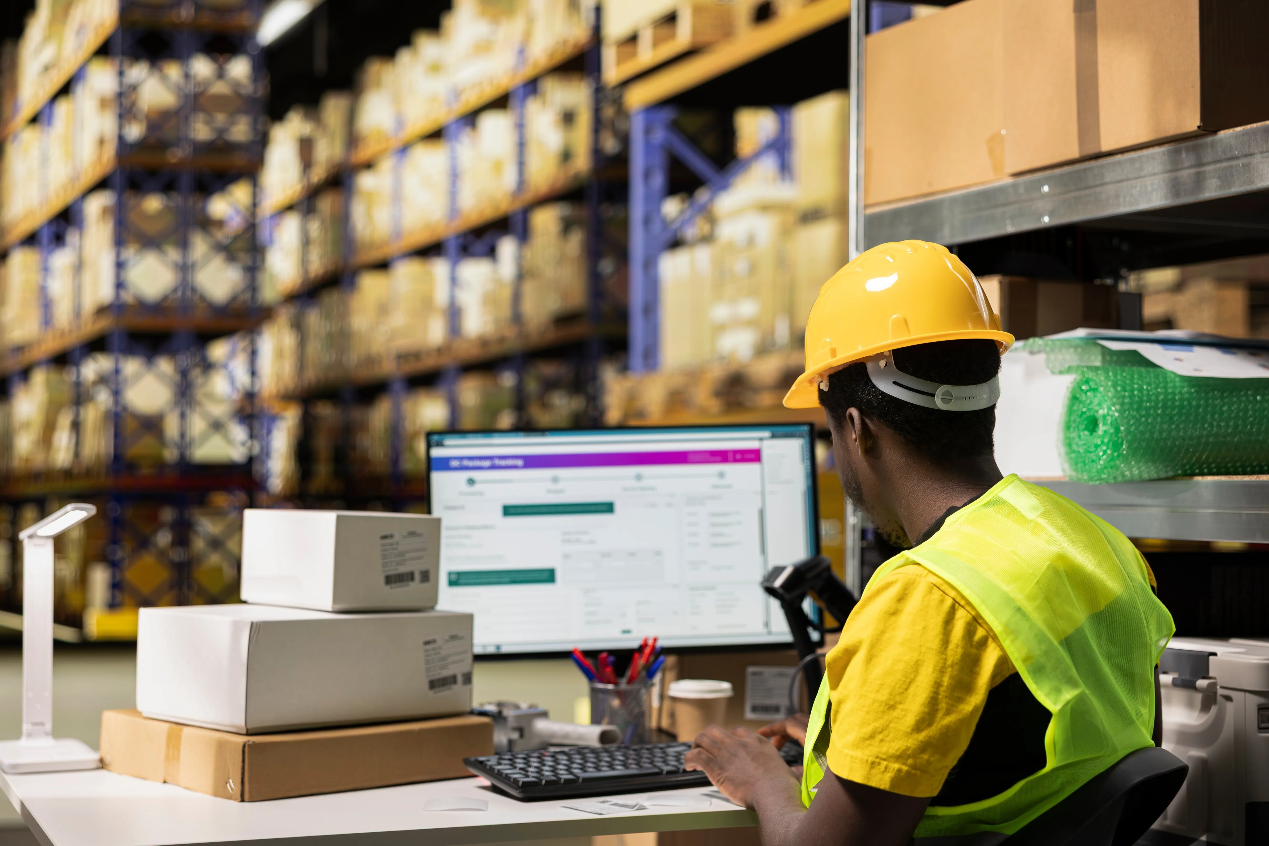 Warehouse fulfilment worker managing inventory and shipments at a workstation.
