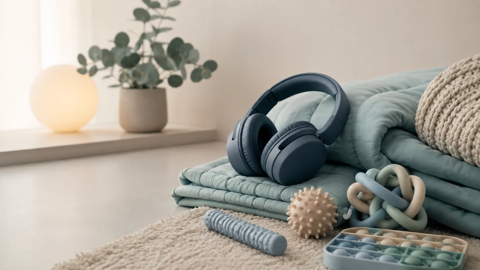 Sensory supports including noise-reducing headphones, weighted textiles and tactile tools.