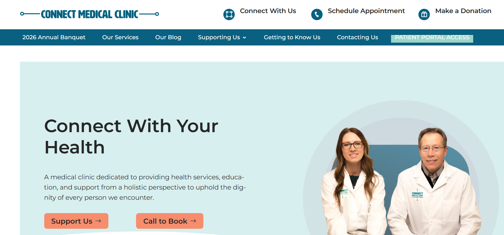 Connect Medical Clinic website homepage, designed by Storyteller Studios