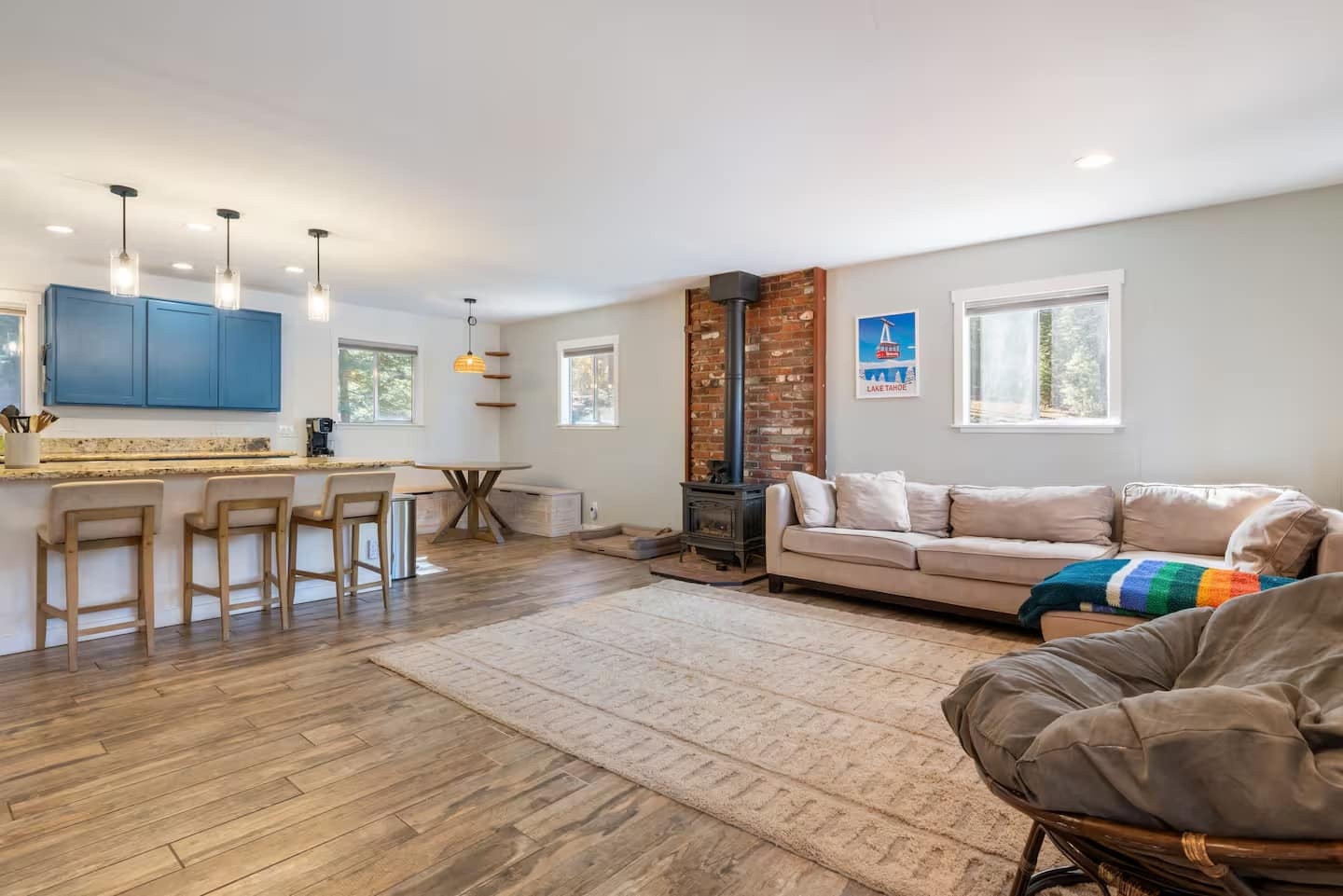Open living room and kitchen at Truckee Mountain Stay