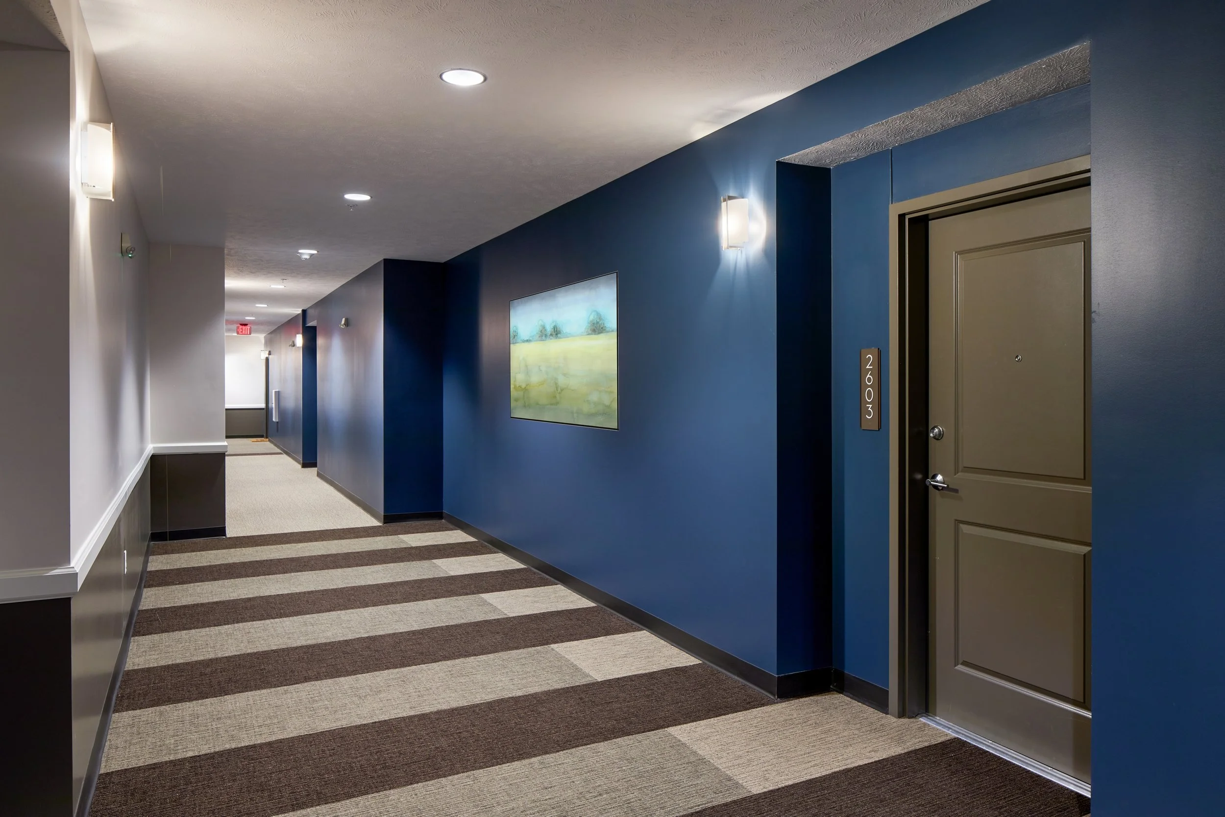 Apartment corridor with navy walls, striped carpet and framed artwork