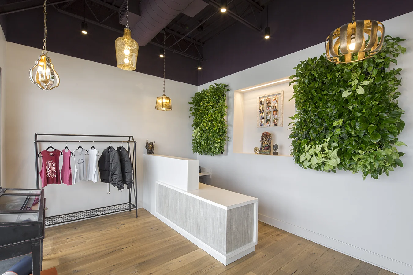 Yoga studio reception desk with living green walls, brass pendants and a retail rack