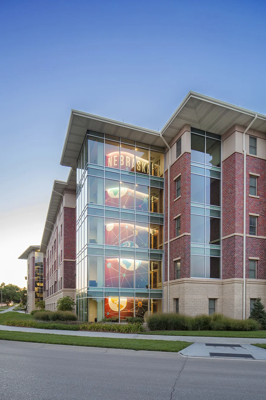 Exterior of Eastside Suites residence hall at the University of Nebraska-Lincoln at dusk