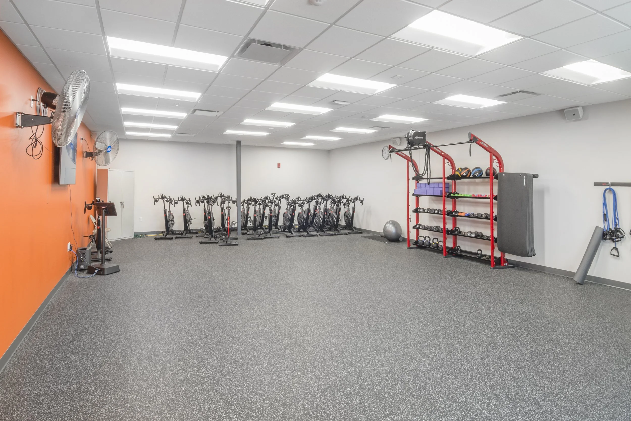 Functional training studio with a rig, mirrors and orange accent wall