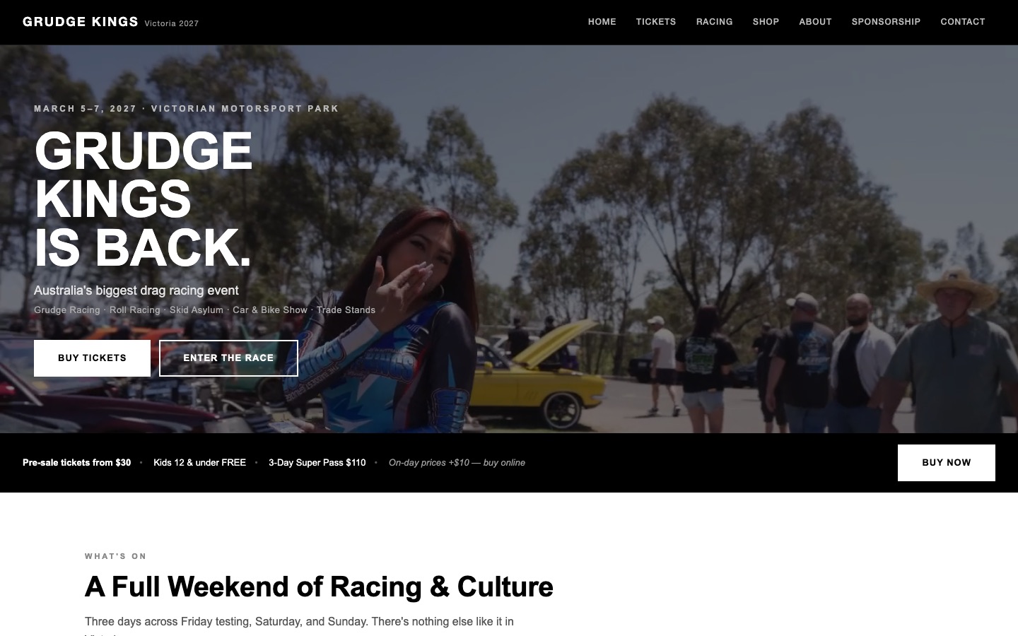 Grudge Kings drag racing event website homepage, built by Small Business Marketing