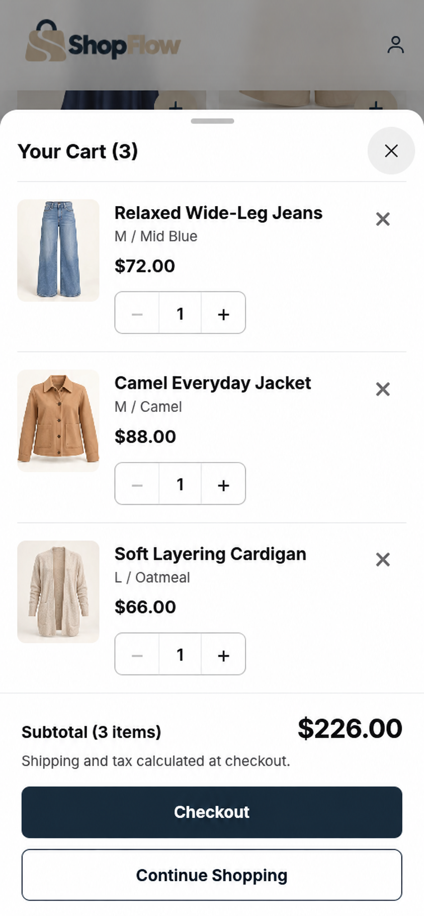 ShopFlow mobile cart drawer with products, quantities, subtotal, and checkout