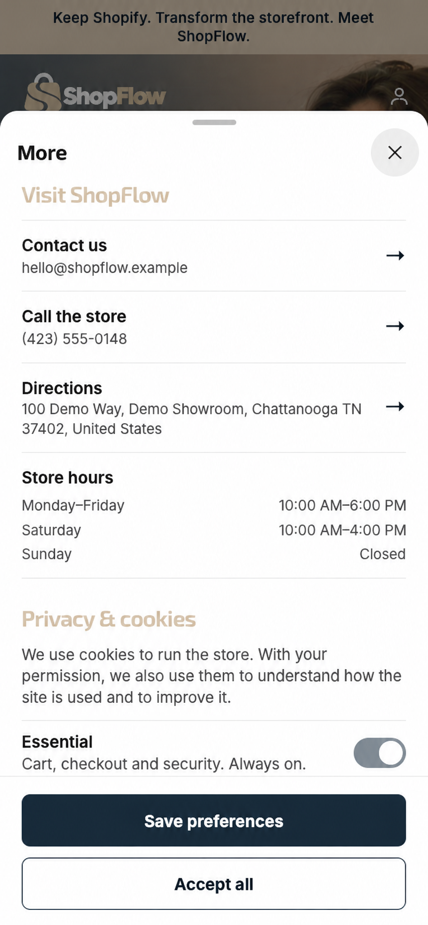 ShopFlow information and privacy controls in a mobile bottom sheet