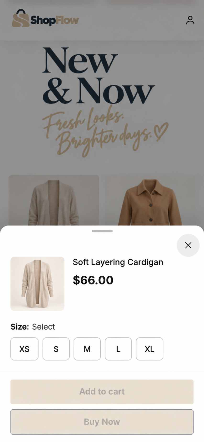 ShopFlow product quick-view sheet with size selection and purchase actions