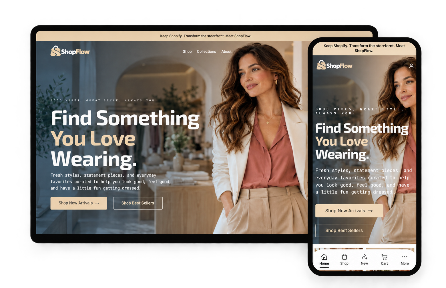 ShopFlow storefront on desktop and mobile, with app-like shopping navigation