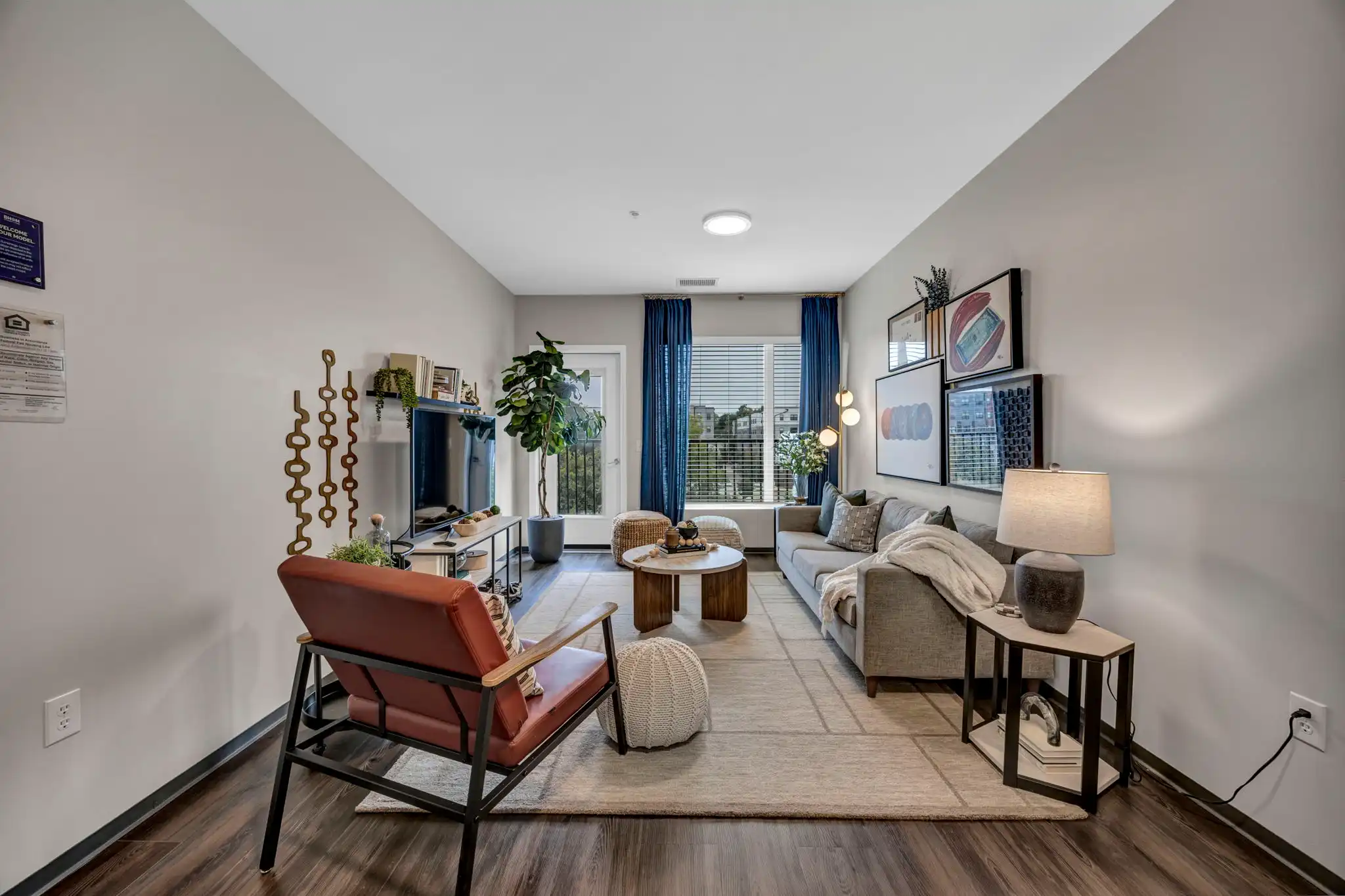 Living room in a model apartment at Stadium Row