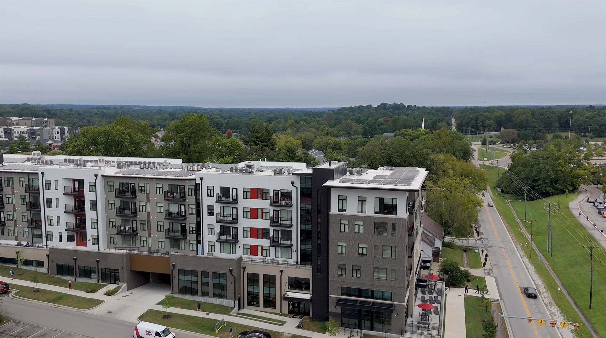 Aerial view of Stadium Row apartments next to Indiana University in Bloomington