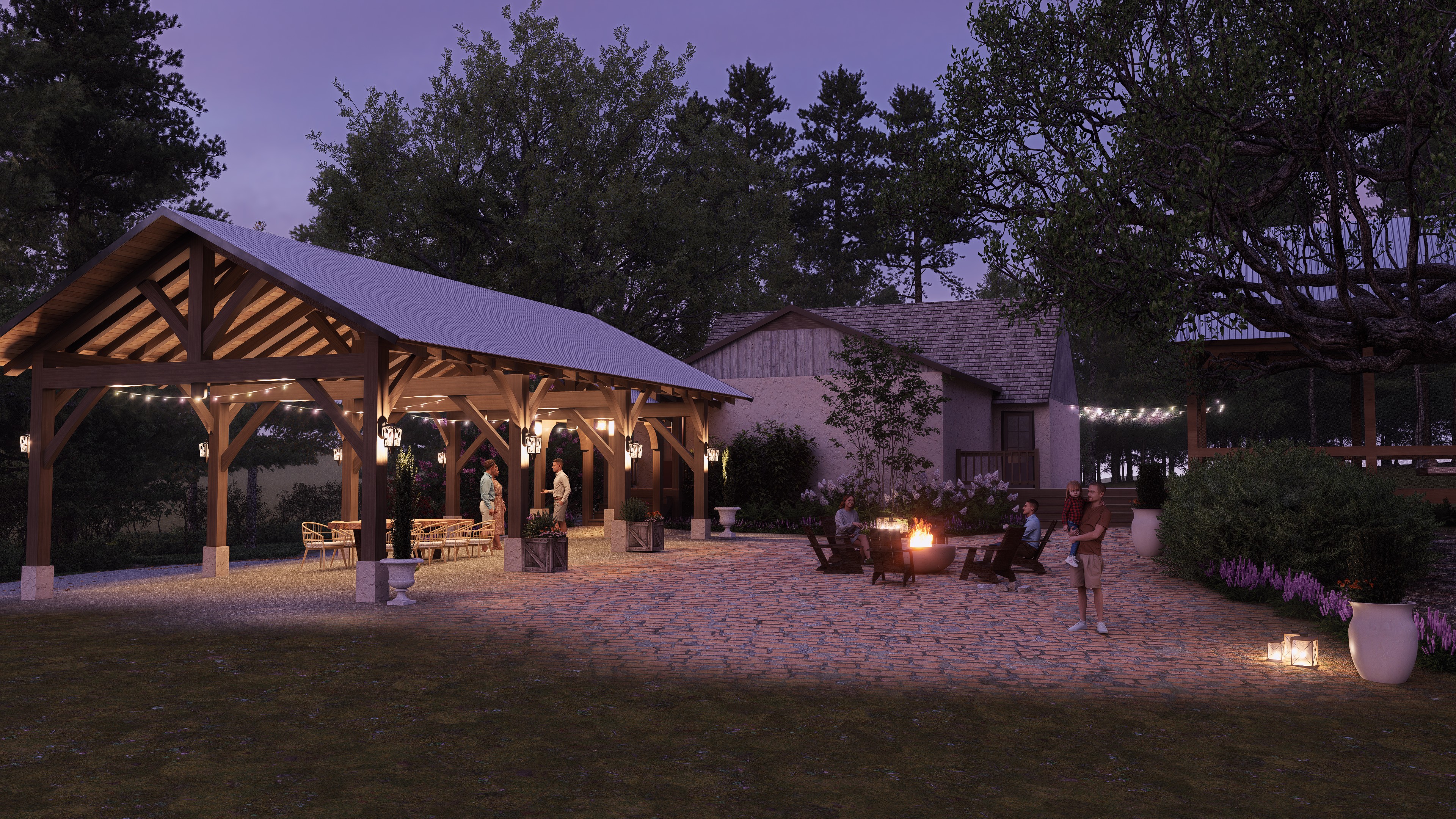 Nighttime exterior rendering showing lighting design on a custom Southeast home