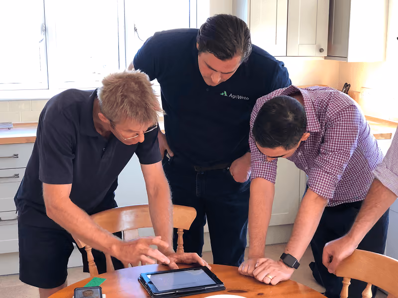 Three men leaning over a wooden table looking at a tablet device in a bright kitchen, one man wearing an AgriWebb shirt.