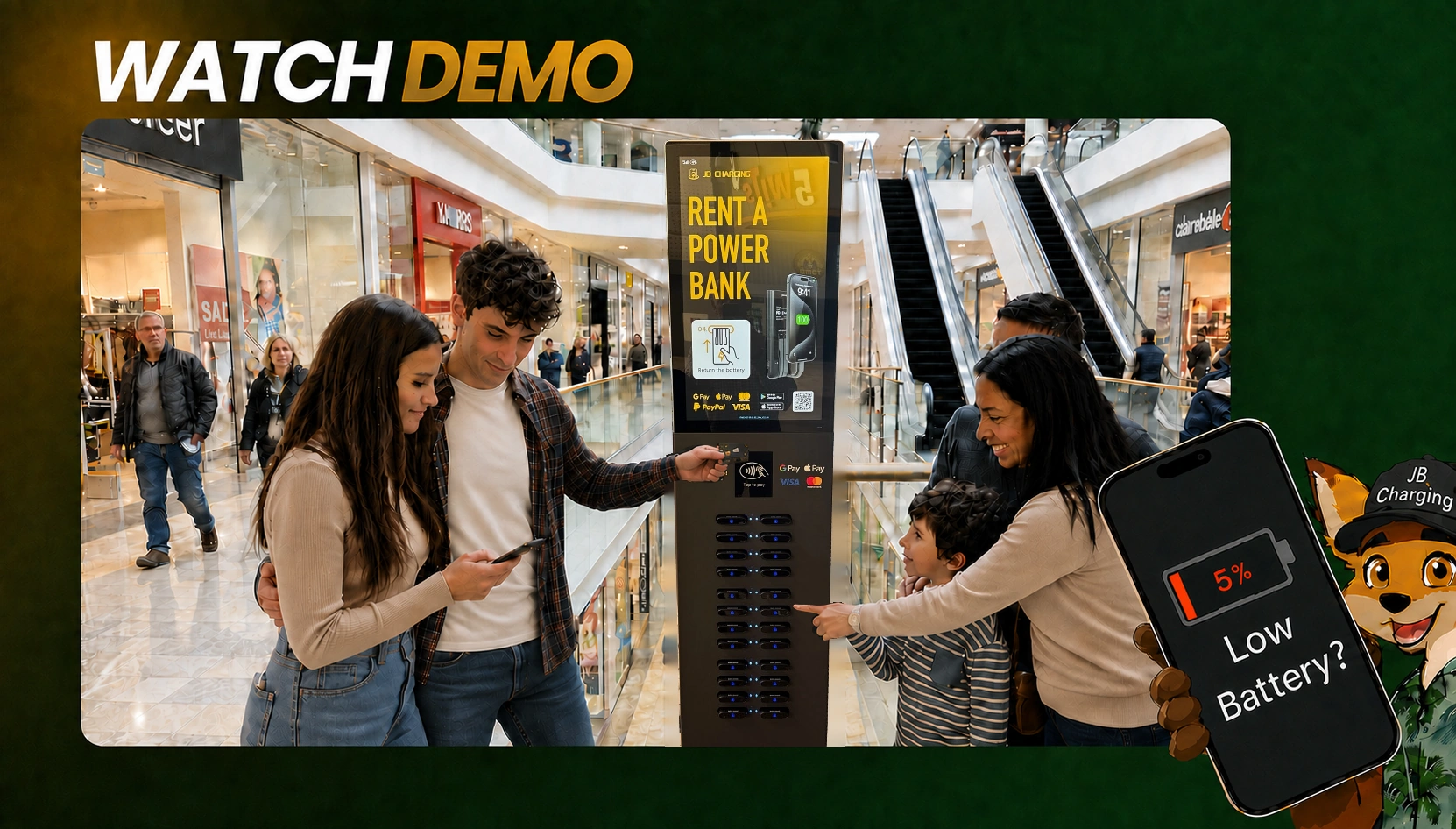 JB Charging demonstration poster showing a charging station and guests.