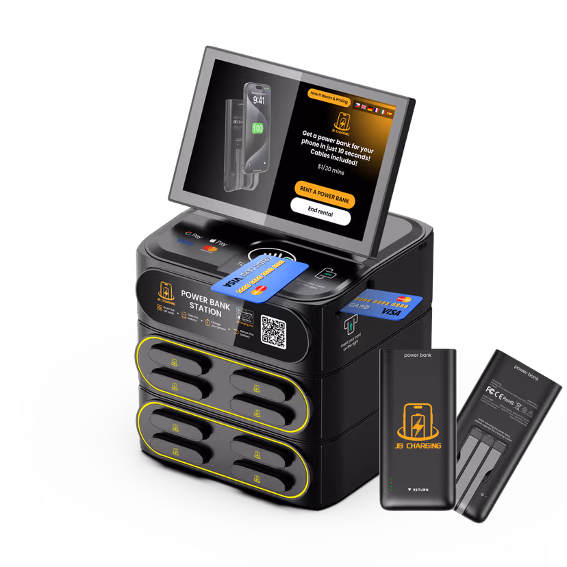 J8 Pro countertop station with a payment screen, power bank slots, and a portable power bank.