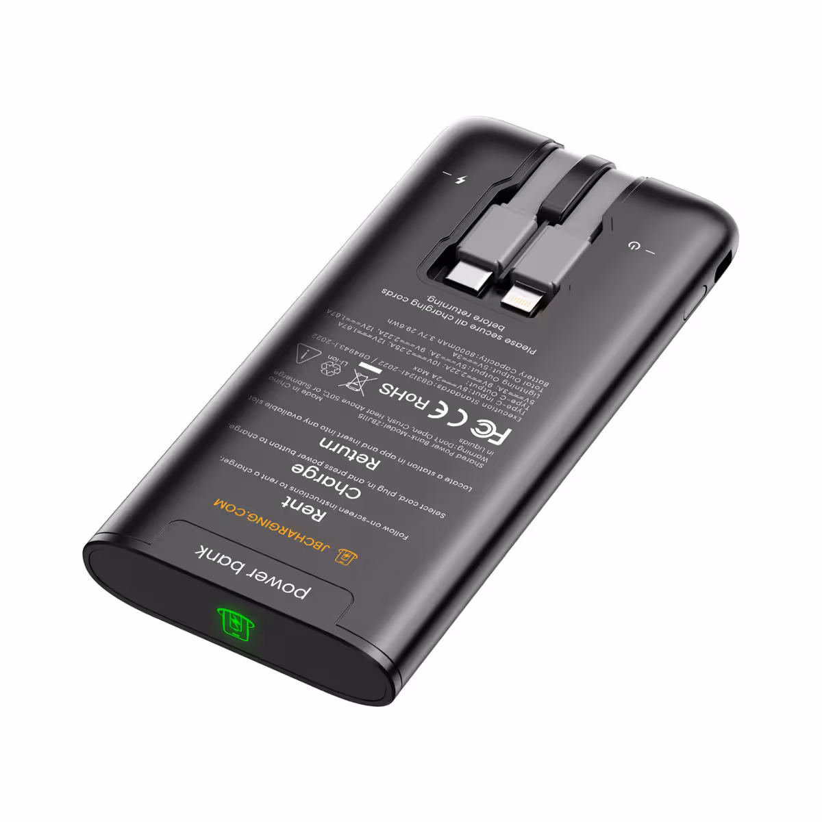 Angled rear view of a JB Charging power bank with integrated charging cables.