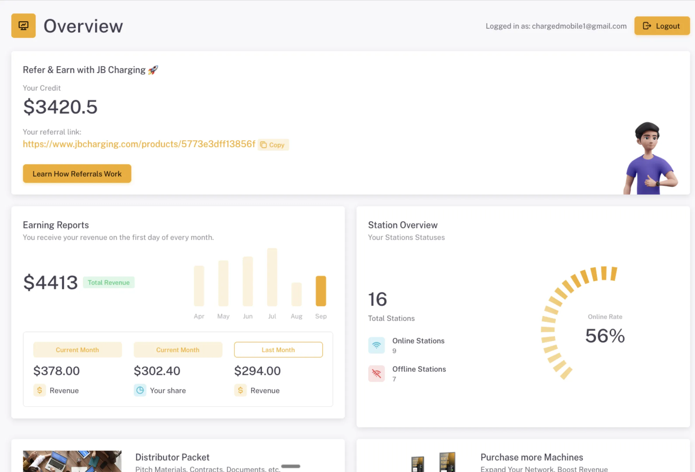 JB Charging distributor portal preview with station and earnings reporting.