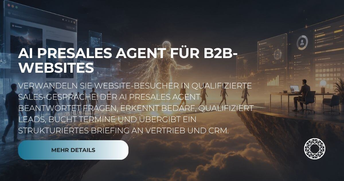 AI PreSales Agent Sedcard für B2B-Websites, KI Chatbot Lead-Qualifizierung, Terminvorbereitung und CRM-Briefing für Sales.