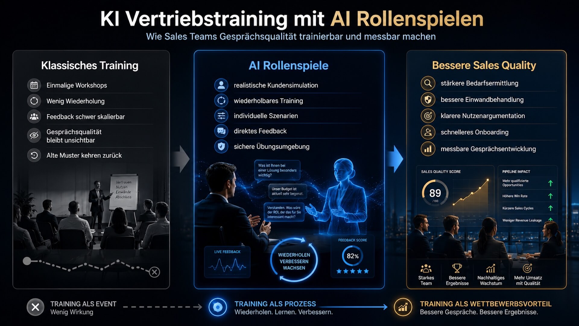 KI Vertriebstraining mit AI Rollenspielen – Vergleich zwischen klassischem Vertriebstraining, KI-Kundensimulation und messbarer Sales Quality