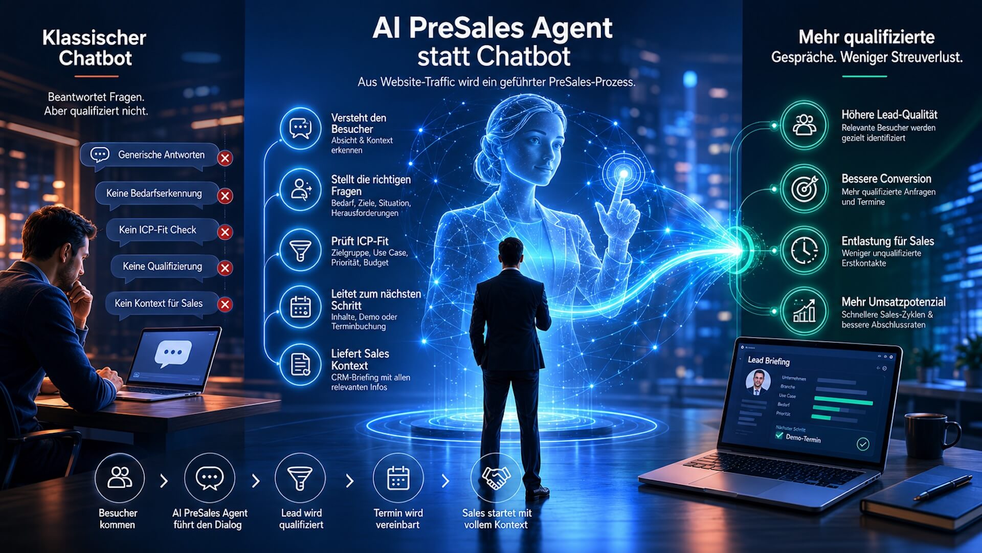 Infografik zum Vergleich zwischen klassischem KI-Chatbot und AI PreSales Agent für B2B-Websites mit Fokus auf Lead-Qualifizierung, Bedarfserkennung, Terminbuchung und Sales-Kontext.