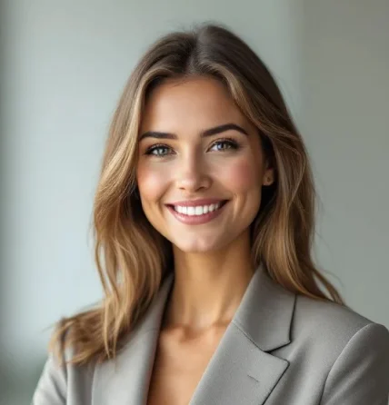 Smiling young woman with long light brown hair wearing a gray blazer against a neutral background.