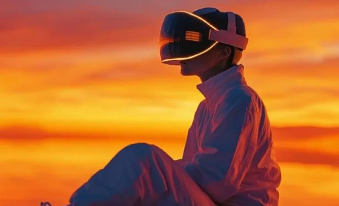 Person wearing virtual reality headset sitting outdoors during golden hour sunset