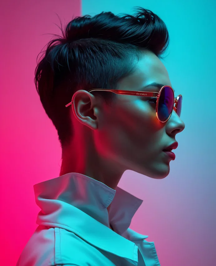 Profile of a person with short, styled hair wearing reflective round sunglasses and a high-collared jacket under blue and pink lighting.