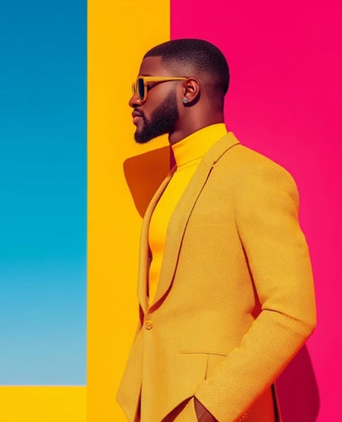 Stylish man with a beard wearing yellow sunglasses, a yellow turtleneck, and a yellow blazer standing in profile against a vibrant background with blue, yellow, and pink vertical color blocks.