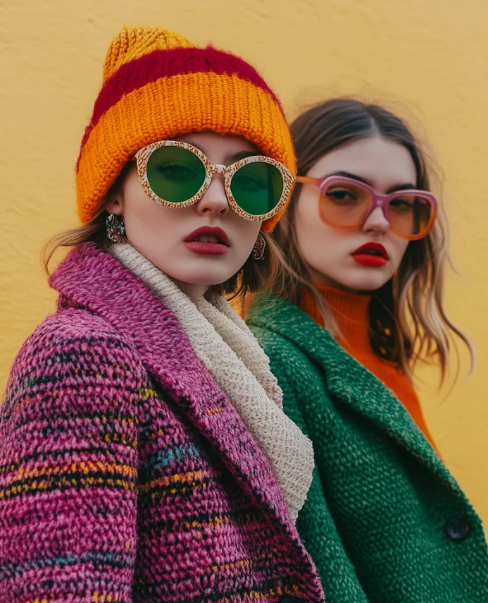 Two women standing against a yellow wall wearing colorful winter clothing and sunglasses. The woman in front wears a yellow and red knit hat, large green sunglasses, a pink patterned coat, and a white scarf. The woman behind wears an orange top, green coat, and large pink-tinted sunglasses with loose hair.