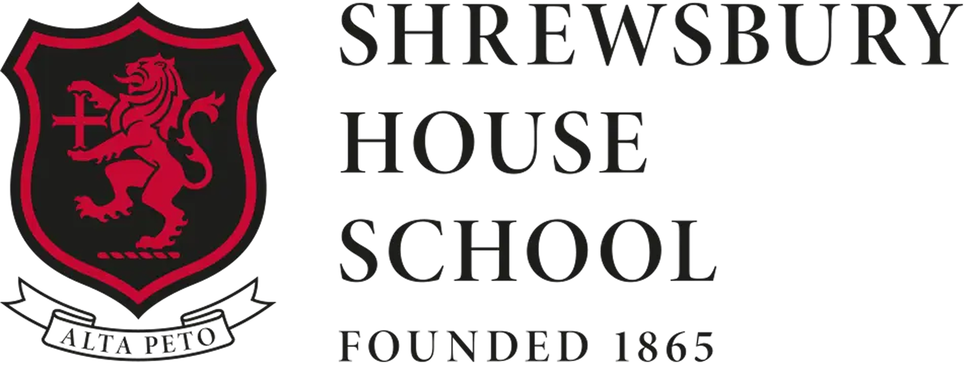 Shrewsbury House School logo featuring a red lion holding a cross inside a red-bordered shield, with the motto 'Alta Peto' below and the text 'Shrewsbury House School Founded 1865' to the right.