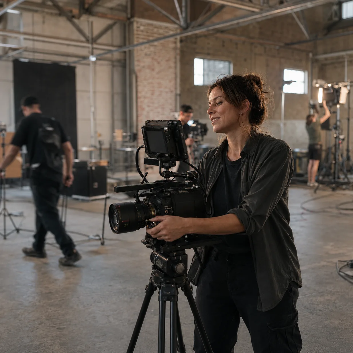 Kamerafrau richtet am Filmset die Kamera aus – mit SAM gewinnst Du Freiräume für Deine Produktionen