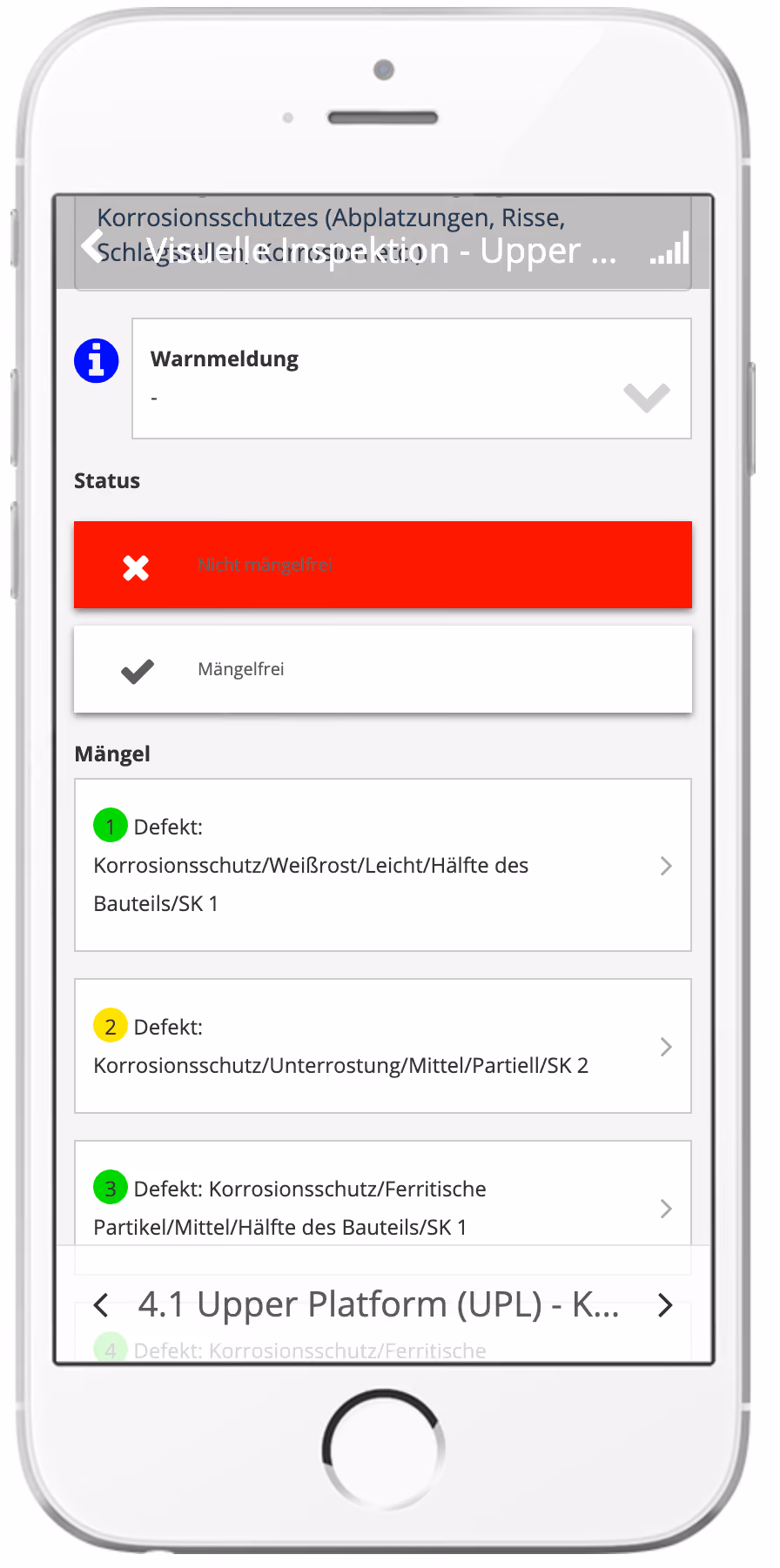 Smartphone screen showing an inspection app in German displaying corrosion protection defect statuses with red and green colored indicators and descriptions for various parts.