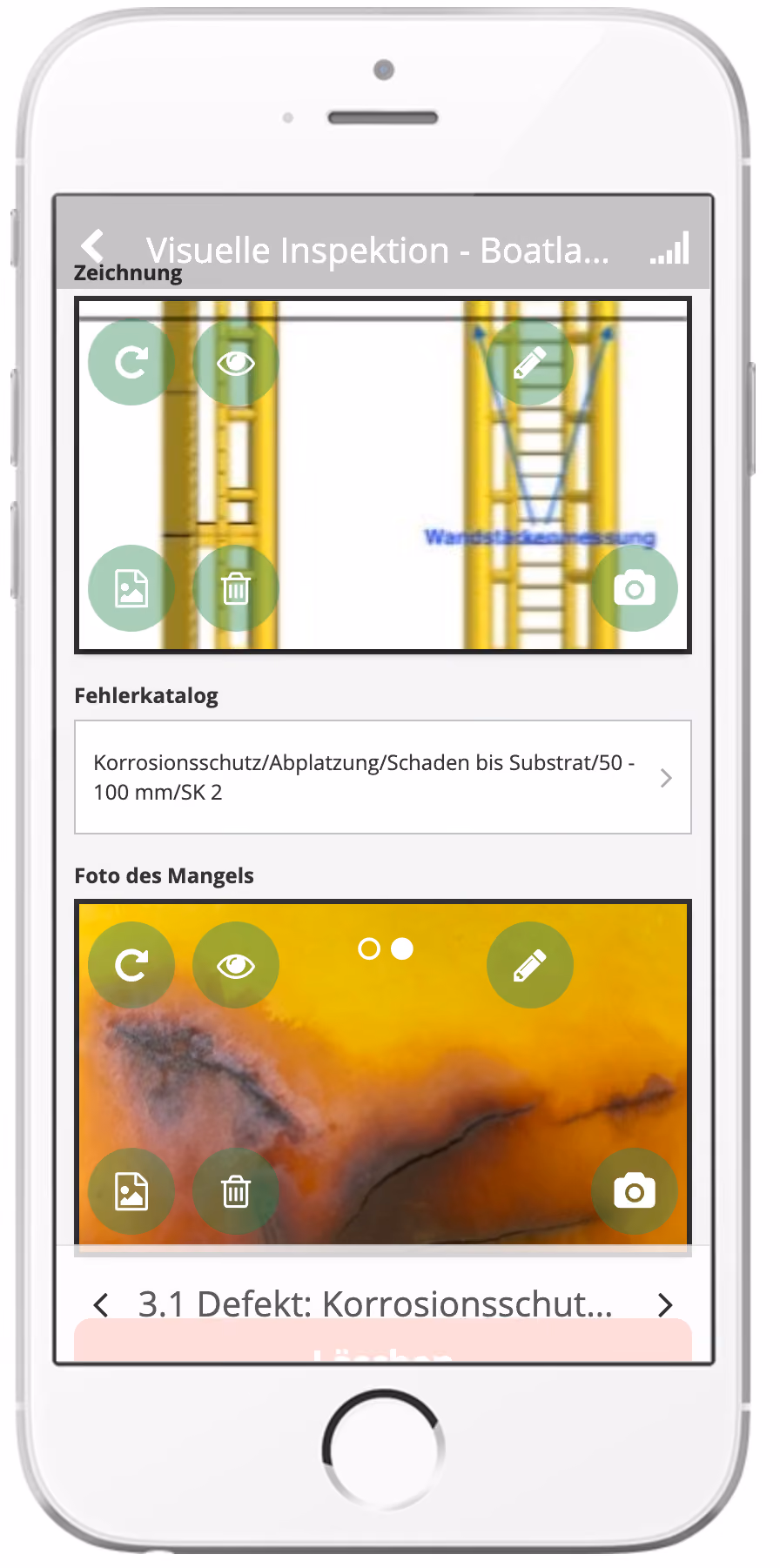 Smartphone screen showing a visual inspection app interface for boatladder, displaying drawings of ladders with yellow rails and a corrosion damage photo with orange and black discoloration, alongside options for editing, viewing, deleting, and taking photos, with German text labels for defect catalog and defect photo.