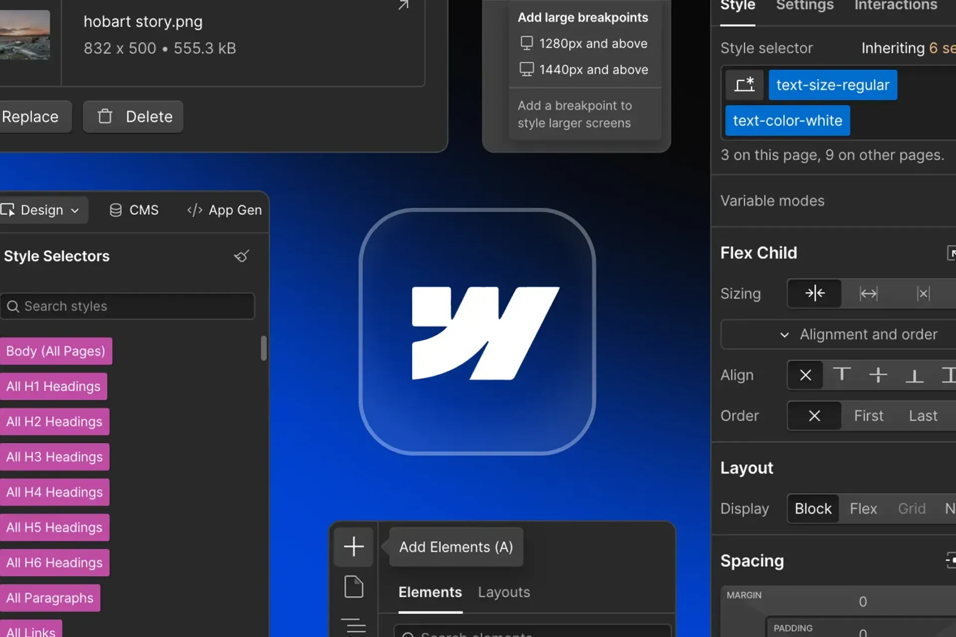 Detailweergave van de Webflow Designer interface voor professioneel web development en beheer