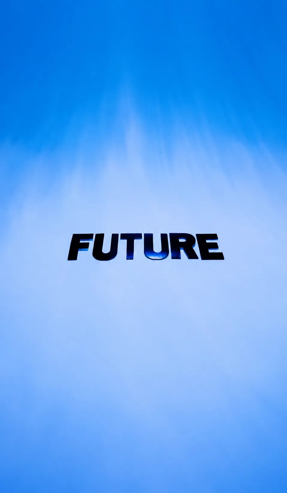 Minimalistische typografie kunst met het woord FUTURE tegen een strakke blauwe gradiëntachtergrond, symbool voor moderne webontwikkeling.