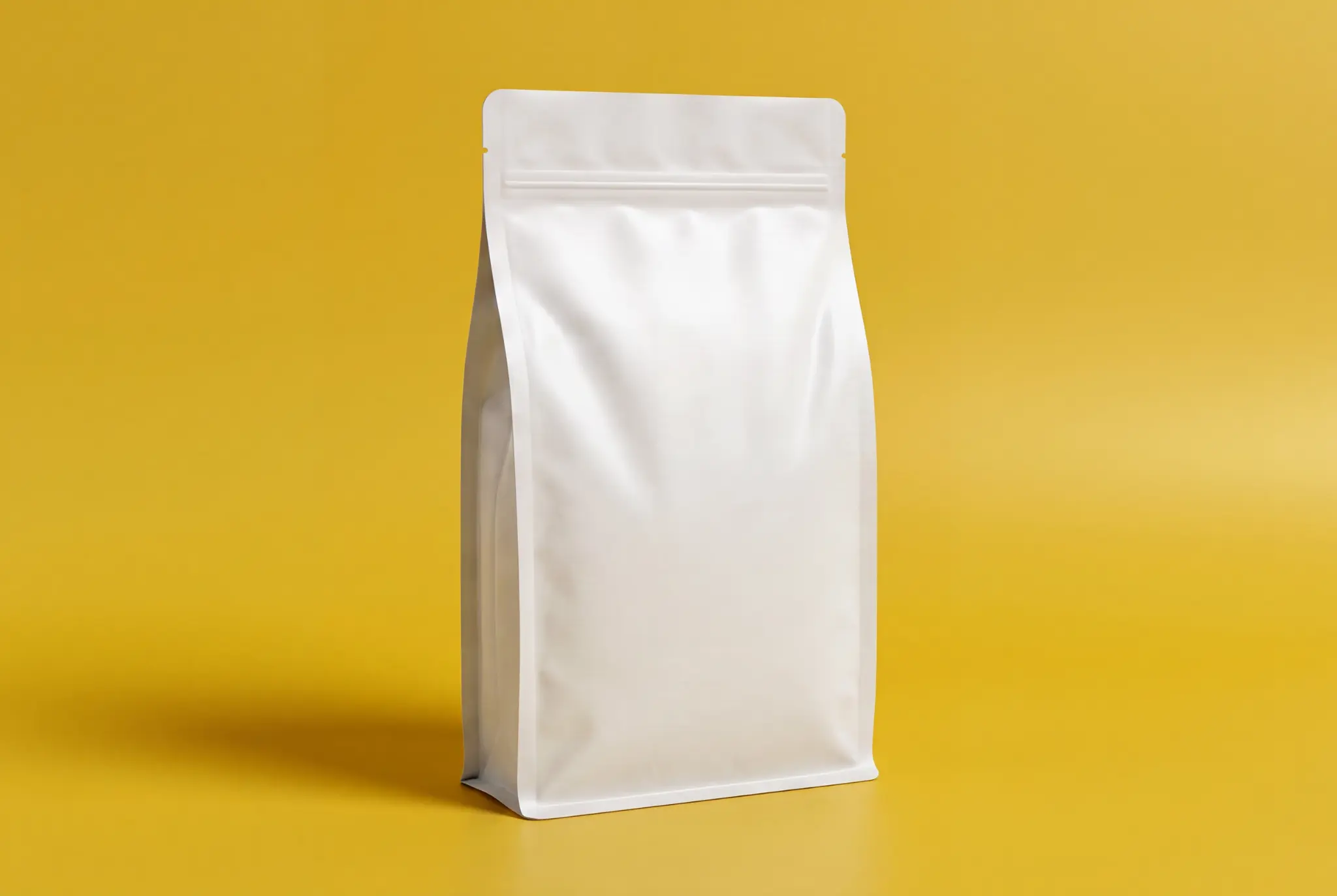 White stand-up pouch bag with a resealable zipper on a yellow background.