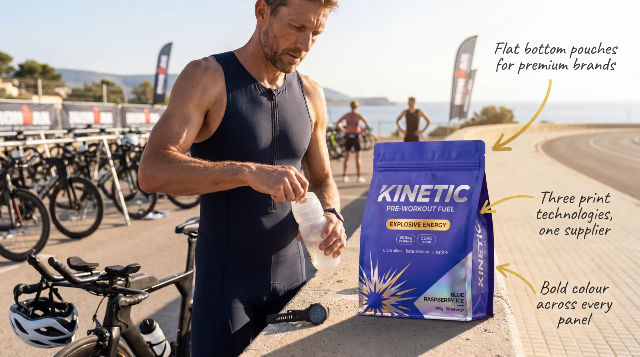 Athlete in black triathlon suit preparing drink next to blue Kinetic pre-workout fuel pouch outdoors.