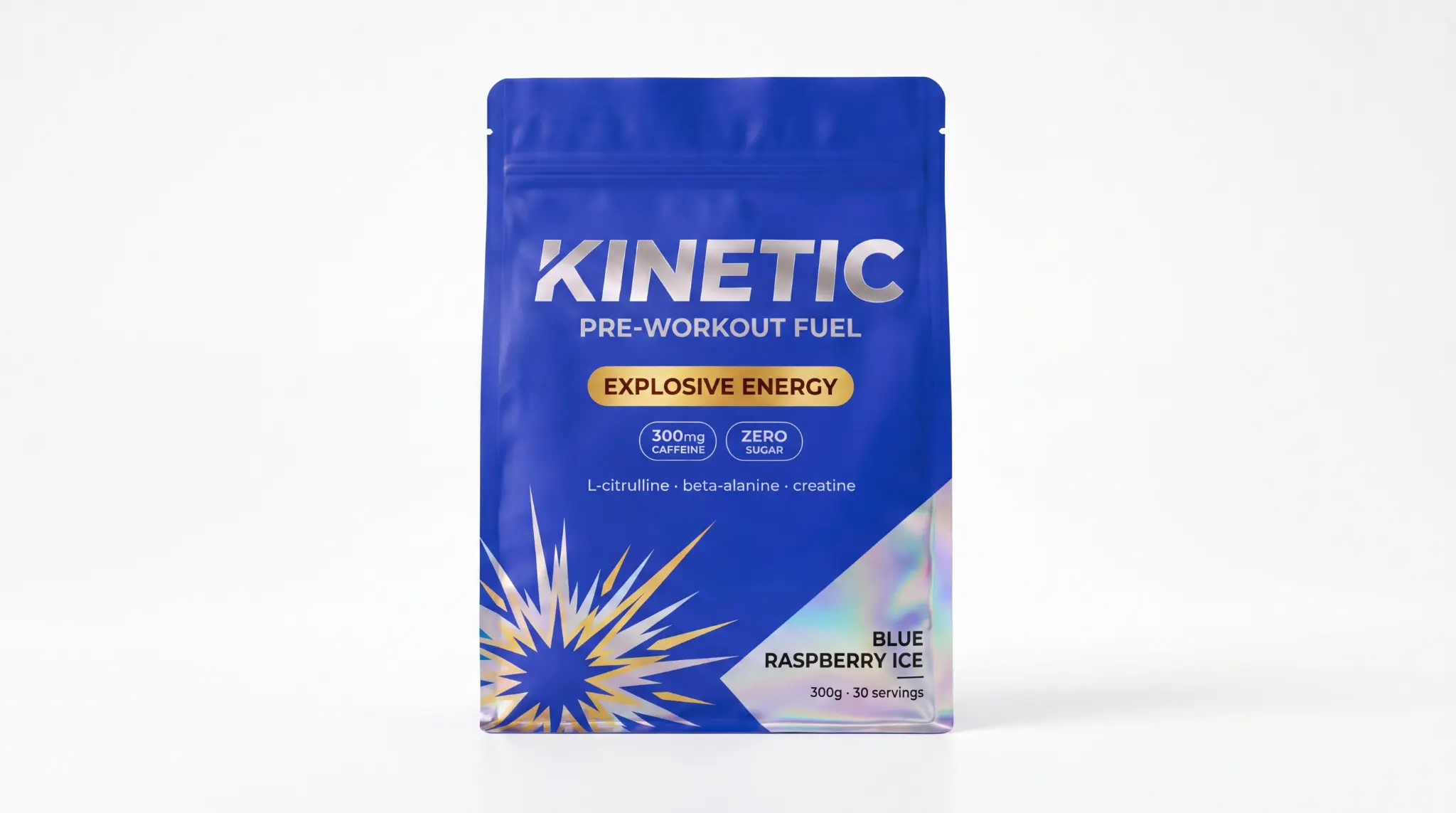 Blue packet of Kinetic pre-workout fuel with explosive energy, caffeine, zero sugar, blue raspberry ice flavor.