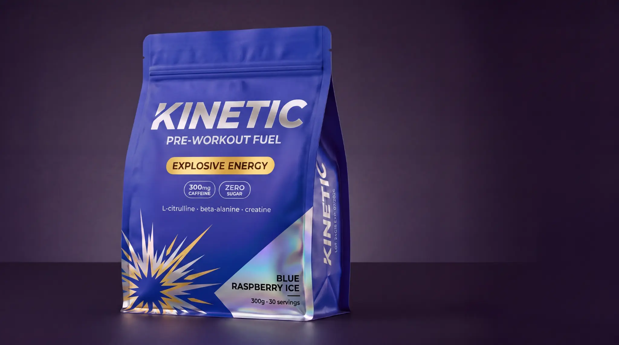 Blue pouch of Kinetic pre-workout fuel with explosive energy, caffeine, zero sugar, and blue raspberry ice flavor.