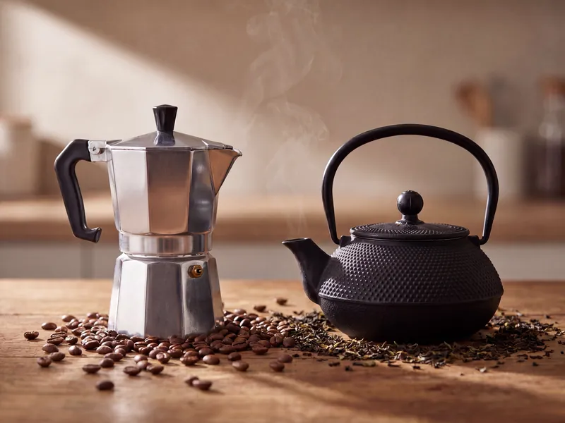 Metal stovetop coffee maker with coffee beans next to a black teapot on a wooden table with steam rising.