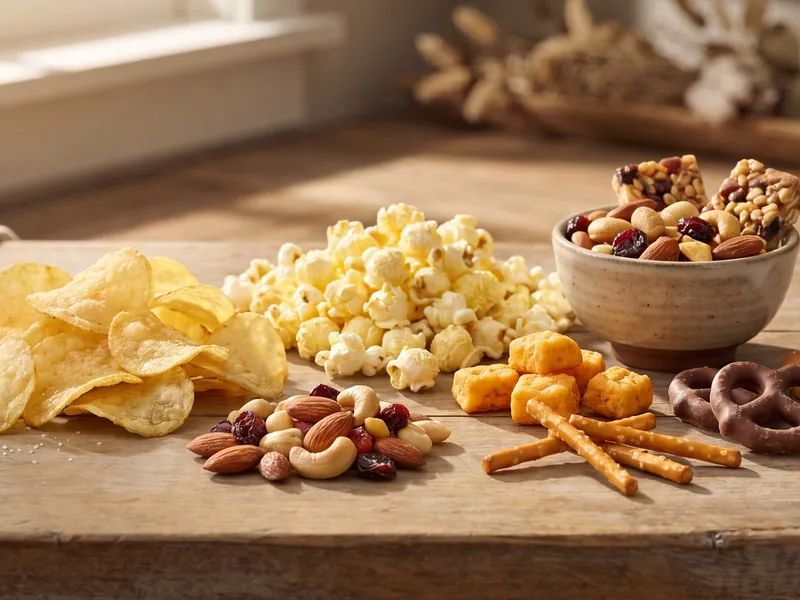 Variety of snacks including potato chips, popcorn, nuts, cheese cubes, pretzels, and snack bars on a wooden table.