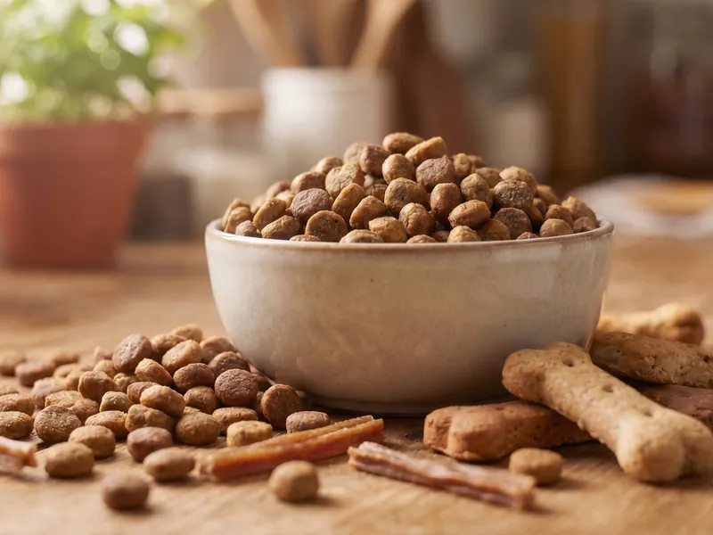 Bowl filled with dry dog food kibbles surrounded by bone-shaped and stick-like dog treats on a wooden surface.