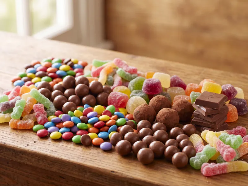 Assortment of colorful candies including jelly beans, chocolate balls, truffles, and chocolate squares on wood surface.