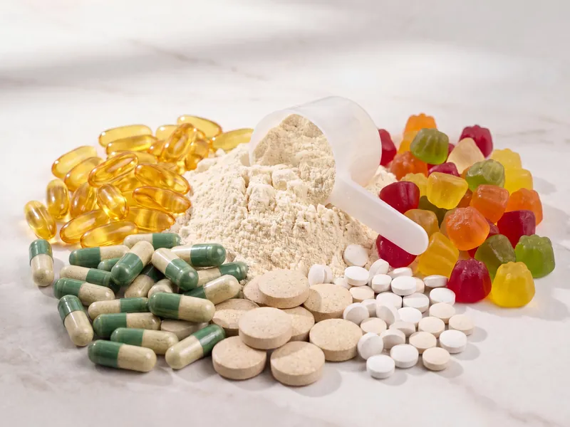 Various dietary supplements including capsules, tablets, gummy vitamins, and a scoop of powder on a white surface.