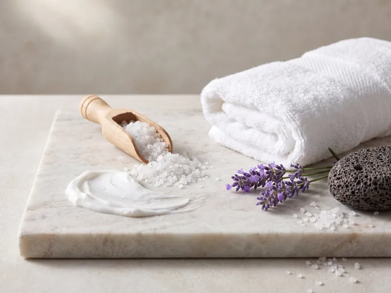 Spa essentials with white towel, lavender flowers, salt in wooden scoop, cream, and pumice stone on marble.