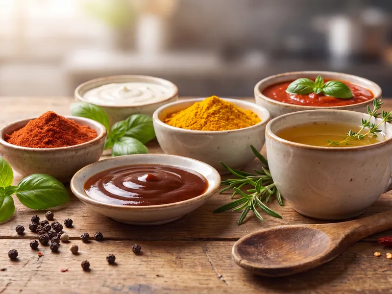 Bowls of various sauces and powdered spices with fresh herbs on a wooden table.